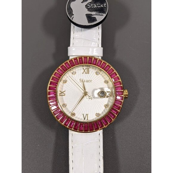 Stauer Womens Pink Baguette Accent Round White Leather Band Watch‎